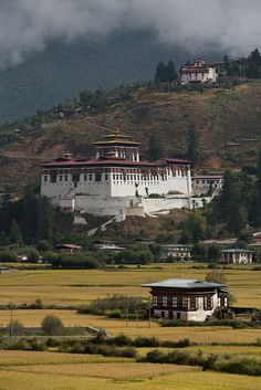 a large white building sitting on top of a lush green hillside