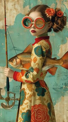 a woman with goggles holding a fish and a fishing rod in front of her face