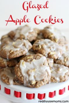 glazed apple cookies on a white plate with red and white checkered border