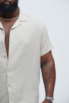 Available In Stone. Fold Down Collar Front Button Closure Short Sleeve Pair With "Bahamas Linen Cargo Short" Pair With "Bahamas Linen Shorts" Pair With "Bahamas Linen Pants" Shell: 55% Linen 45% Cotton Imported | Mens Bahamas Linen Shirt in Stone size 2XL by Fashion Nova Beige Johnny Collar Shirt For Summer, Beach Shirt With Camp Collar And Button Closure, Beach Shirt With Camp Collar, Camp Collar Shirt With Button Closure For Beach, Beige Johnny Collar Top For Summer, Relaxed Fit Beach Shirt With Button Closure, Relaxed Fit Short Sleeve Shirt For Beach, Beige Relaxed Fit Camp Shirt For Beach, Beach Short Sleeve Shirt With Relaxed Fit