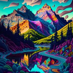 a painting of mountains with trees and water