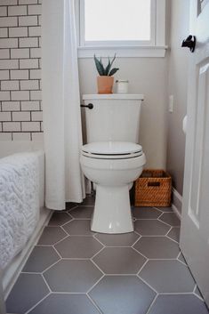 a white toilet sitting in a bathroom next to a window with a potted plant on top of it