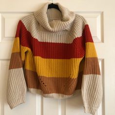 Nwt Beautiful Cropped Turtle Neck Sweater Size M/L Fall Striped Cable Knit Sweater, Striped Acrylic Sweater For Fall, Fall Striped Knitted Sweater, 2024 Wardrobe, Pumpkin Sweater, Crochet Fall, Diy Fashion Clothing, Turtle Neck Sweater, Wardrobe Inspiration