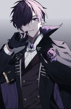 an anime character with purple hair wearing a black coat and holding his hand up to his ear