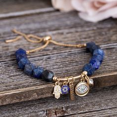 Lab-Created Lapis And Crystal Protected Evil Eye & Hamsa Beaded Charm Bracelet Lapis Crystal, Evil Eye Hamsa, Beaded Charm Bracelet, Bar Jewelry, Diy Bracelet Designs, Wrist Wear, Crystal Beads Bracelet, Handmade Wire Jewelry, Bracelet Ideas