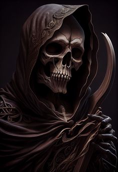 a skeleton wearing a hooded cloak and holding a sceptacle in his hands,