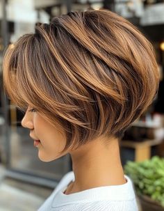 Brown Chin Length Bob, Stacked Pixie Haircut Back View, Katie Holmes Short Hair, Medium Stacked Bob Hairstyles, Short Asymmetrical Bob, Voluminous Bob, Haircut Ideas Brown Hair, Colored Bob, Bixie Haircut