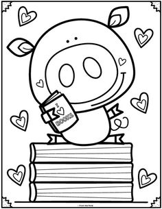 a pig is sitting on top of a pile of books with hearts around it and holding a