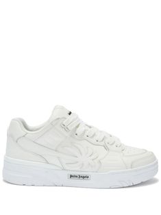 white leather panelled design palm tree patch detail logo patch at the tongue logo patch to the side embossed logo to the rear perforated toebox round toe front lace-up fastening flat rubber sole White Sporty Sneakers With Logo Patch, White Lace-up Skate Shoes With Embossed Logo, Designer White High-top Sneakers With Embossed Logo, White Lace-up High-top Sneakers With Logo Patch, White Lace-up Sneakers With Logo Patch, Balenciaga Track, Office Bag, Balenciaga Triple S, Palm Angels