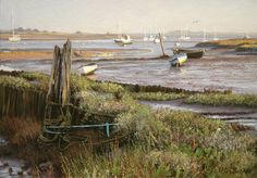 an oil painting of boats in the water near a fence and grassy area with weeds