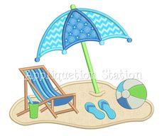 a beach scene with an umbrella, chair and ball on the sand machine embroidery design