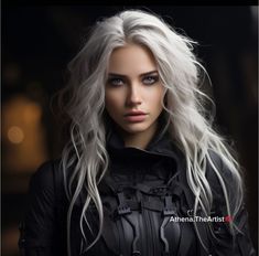 a woman with long white hair and black leather jacket looking at the camera while standing in front of a dark background