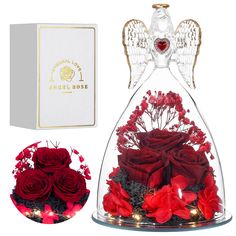 red roses in a glass bell jar with angel wings on top and an open box