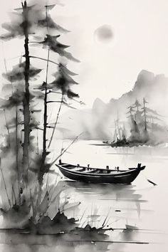 a black and white painting of a boat on the water with trees in the background