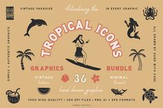 the label for tropical icons graphics bundle is shown in black and white, with an image of a woman on a surfboard