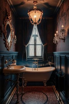 an old fashioned bathtub and sink in a dark bathroom with chandelier hanging from the ceiling