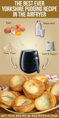 the best ever yorkshire pudding recipe in the air fryer info graphic with instructions on how to make it