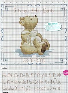 a cross stitch pattern with a teddy bear sitting on top of it's back