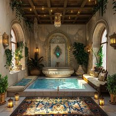 a large indoor swimming pool surrounded by potted plants and candles with lights on the ceiling