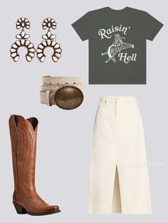 a woman's outfit including boots, belt and t - shirt