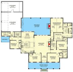 the first floor plan for a house with two master suites and an attached pool area