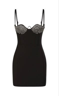 a black dress with sequins on the chest and straps at the waist,