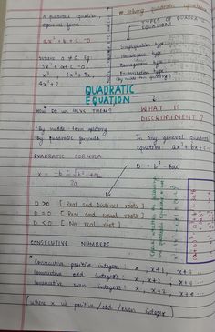 an open notebook with writing on it that says quadratic and equatation