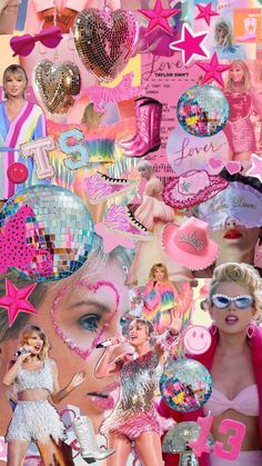 a collage of barbie dolls and other items in pink, blue, white and gold