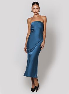 Elegant Blue Homecoming Maxi Dress, Blue Strapless Maxi Dress For Night Out, Blue Winter Party Maxi Dress, Blue Silk Festive Maxi Dress, Princess Polly Blue Strapless Dress, Stylish Maxi Dress, Vegas Dresses, Polly Dress, Eve Dresses