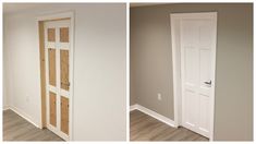 two pictures of an empty room with white doors