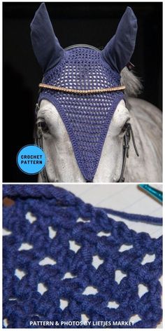 the crocheted horse is wearing a blue hat and has horns on it's head