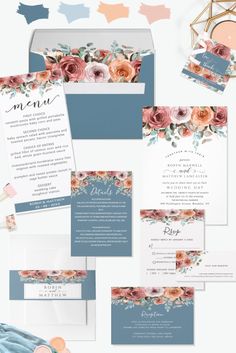 wedding stationery with flowers and blue accents