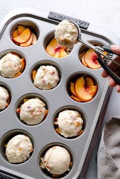 peach upside down mini cakes in a muffin tin with the title overlay reading peach upside down mini cakes