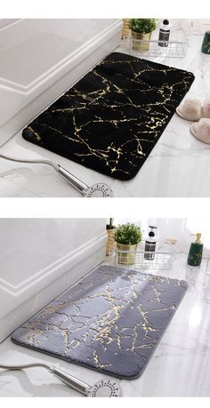 two images of the same bathroom rugs in different colors and sizes, one with gold paint on it