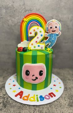 a birthday cake with the number two on it and an image of a cartoon character