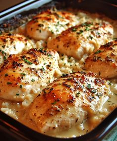 some chicken and rice in a casserole dish