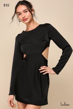 Strut into your next event knowing you're dressed to impress in the Lulus Rooftop Soiree Black Satin Long Sleeve Backless Mini Dress! Sleek woven satin shapes this flirty dress with long sleeves that frame a flattering boat neckline and a darted bodice. Side cutouts at the fitted waist flow into the open back design that features two, slender elasticized strap details. The slip-style silhouette continues into an A-line skirt that ends at a cute mini hem. Hidden side zipper/clasp. Fit: This garment fits true to size. Length: Mid-thigh. Size medium measures 33.5" from shoulder to hem. Bust: Great for any cup size. Waist: Fitted - very fitted at natural waist. Hip: Loosely Fitted. Undergarments: May be worn with an adhesive bra, petals, or no bra. Fabric: Fabric has no stretch. Unlined. 100% Fitted Long Sleeve Dress With Cutout Back, Sleek Long Sleeve Satin Evening Dress, Glamorous Long Sleeve Mini Dress For Date Night, Glamorous Satin Mini Dress For Brunch, Sleek Long Sleeve Dress For Night Out, Sleek Fitted Long Sleeve Spring Dress, Sleek Long Sleeve Mini Dress For Date Night, Sleek Satin Long Sleeve Dresses, Sleek Long Sleeve Party Dress