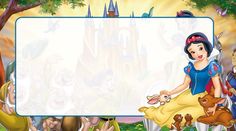 snow white and the seven dwarfs with an empty sign in front of them, surrounded by other disney characters