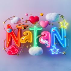 the word nathan written in neon letters surrounded by stars, clouds, and other items