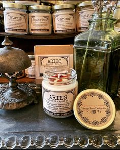 various jars and containers with labels on them