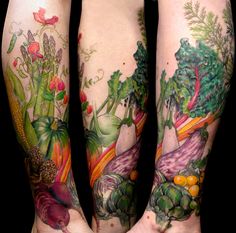 the legs are covered with tattoos and vegetables