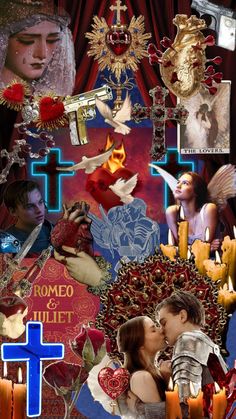 a collage of images with candles and pictures on them that include people, crosses, doves