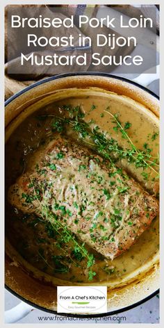 baked pork loin roast in dijon mustard sauce with parsley sprinkled on top