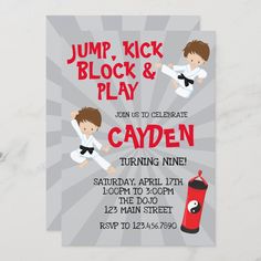 Boy Karate martial arts birthday party invite in Red and Black Ninja Red, Art Birthday Invitations, Birthday Deco, Ninja Birthday Parties