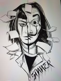 a black and white drawing of a man's face with torn paper around it