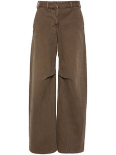 barley brown cotton denim front button and zip fastening low-rise belt loops two diagonal pockets to the sides logo patch to the rear dart detailing two rear welt pockets wide leg Cotton Brown Pants, Brown Workwear Jeans With Belt Loops, Brown Wide Leg Cargo Jeans For Work, Brown Jeans With Belt Loops For Work, Brown Bottoms With Five Pockets, Mid-rise Brown Jeans For Work, Brown Straight Leg Jeans With Belt Loops, Brown Mid-rise Jeans For Work, Brown Tapered Leg Jeans With Five Pockets