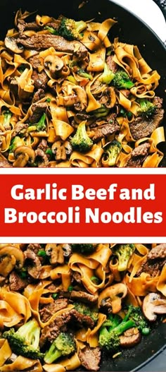 a skillet filled with beef and broccoli noodles