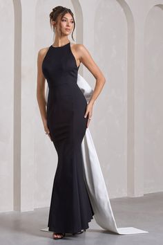 Treat yourself this party season with a high impact maxi like Bestow. Cut from our body-contouring cotton blend. this black maxi dress boasts a racer neckline. alluring open back and bold contrasting bow. With a statement elongated train. this floor-sweeper is perfect for any black tie event. Features - Premium cotton blend- Racer neckline - Button-closed collar- Open back- Oversized bow- Fishtail skirt- Invisible zip closure - Maxi length Sizing & Fit Model is 5'7" and wears UK size 8 / US size Club L London, Open Back Maxi Dress, Black Dress Prom, Fishtail Skirt, Graduation Dresses, Black Tie Gala, Party Dress Long Sleeve, Bridesmaid Outfit, Black Sequin Dress