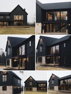 four different views of a black house with lots of windows