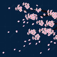 a branch with pink flowers and falling petals on a dark blue background, cherry blossom, spring, tree png and psd